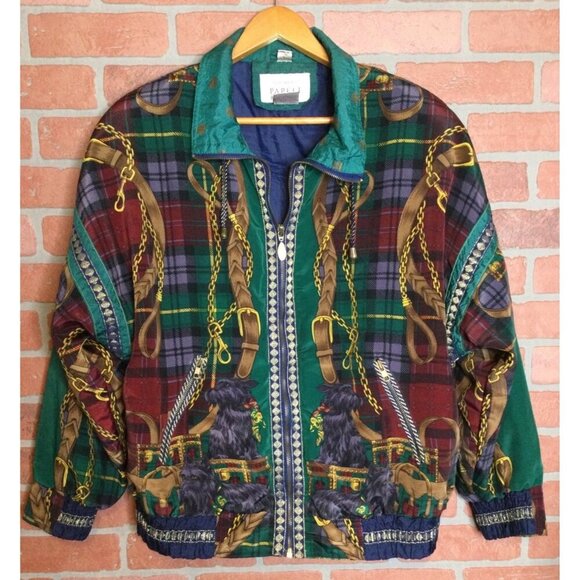 Vintage Adrianna Papell Womens Jacket Dog Chain Print Size L Polyester Nylon Mad - Picture 1 of 9